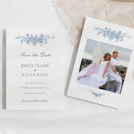 Elegantes Vintages Blumenblauer Foto Save the Date Einladung