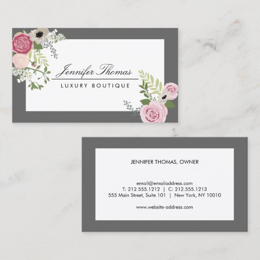 Elegantes Vintages Blumendesign weiß/grau Visitenkarte (Vorne/Hinten)