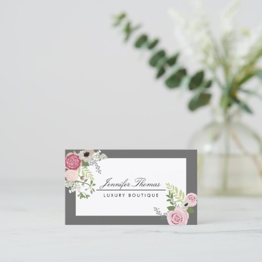 Elegantes Vintages Blumendesign weiß/grau Visitenkarte (Stehend Vorderseite)