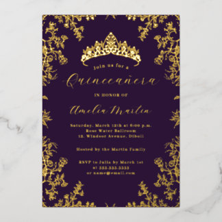 Elegantes Vintages Blumengold Lila Quinceanera Folieneinladung