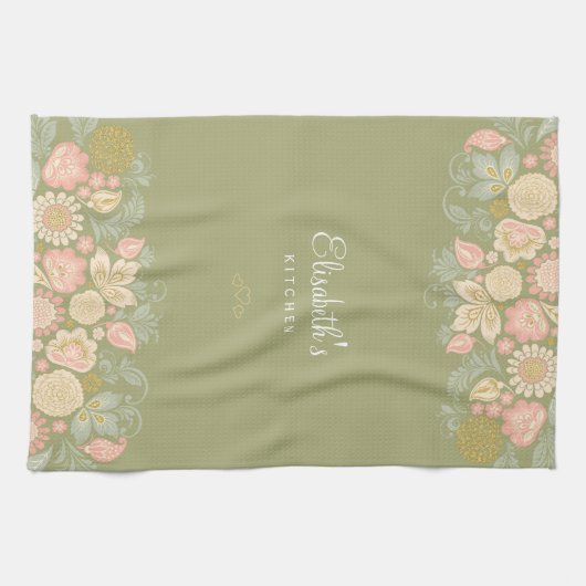 Elegantes Vintages Blumengrün Geschirrtuch (Horizontal)