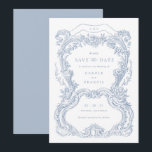 Elegantes Vintages Blumenmuseum Save the Date Einladung<br><div class="desc">Elegante Vintage Ornament florale Dusty Blue Toile Rahmen Hochzeit speichern Sie das Datum Einladung. Vintage Barockrahmen-Hochzeit speichern das Datum Einladung.</div>