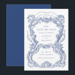 Elegantes Vintages Blumenmuseum Save the Date Einladung<br><div class="desc">Elegante Vintage Ornament florale Navy Blauer Fliesenrahmen Hochzeit speichern das Datum Einladung. Vintage Barockrahmen-Hochzeit speichern das Datum Einladung.</div>