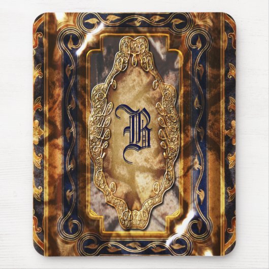Elegantes Vintages braunes blaues Monogramm Mousepad (Vorne)