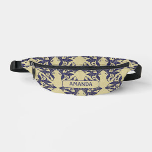 Elegantes Vintages Damastenschiff Blaugelbes Monog Bauchtasche