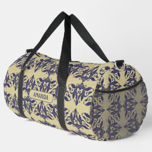 Elegantes Vintages Damastenschiff Blaugelbes Monog Duffle Bag