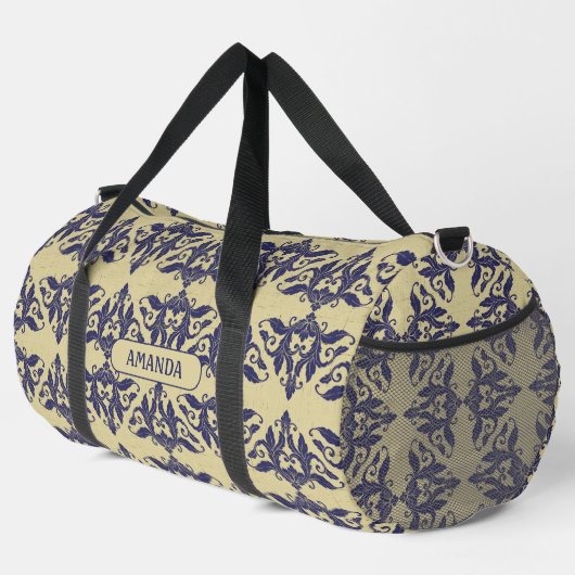 Elegantes Vintages Damastenschiff Blaugelbes Monog Duffle Bag (Rechte Ecke)