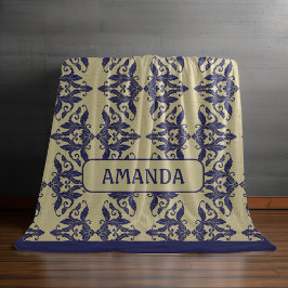 Elegantes Vintages Damastenschiff Blaugelbes Monog Fleecedecke