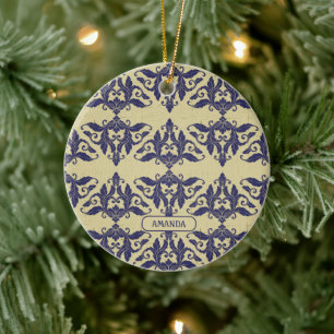 Elegantes Vintages Damastenschiff Blaugelbes Monog Keramik Ornament
