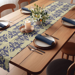 Elegantes Vintages Damastenschiff Blaugelbes Monog Kurzer Tischläufer