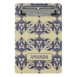 Elegantes Vintages Damastenschiff Blaugelbes Monog Mini Klemmbrett