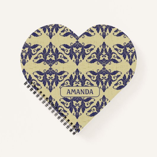 Elegantes Vintages Damastenschiff Blaugelbes Monog Notizblock (Vorderseite)