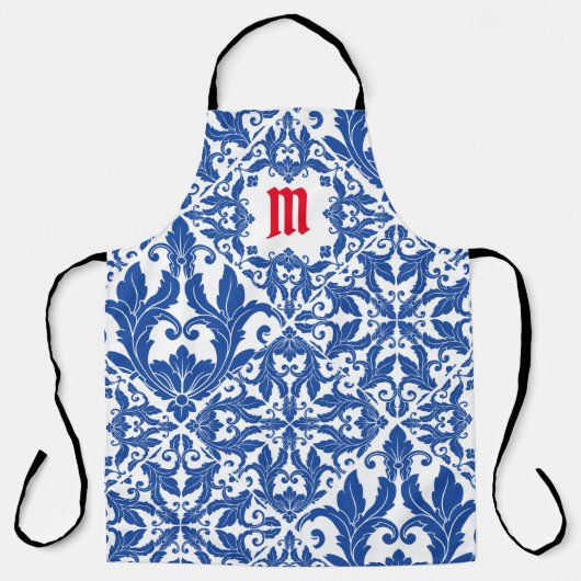 Elegantes Vintages Damastenschiff Blaugelbes Monog Schürze (Vorderseite)