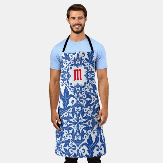 Elegantes Vintages Damastenschiff Blaugelbes Monog Schürze (Getragen)