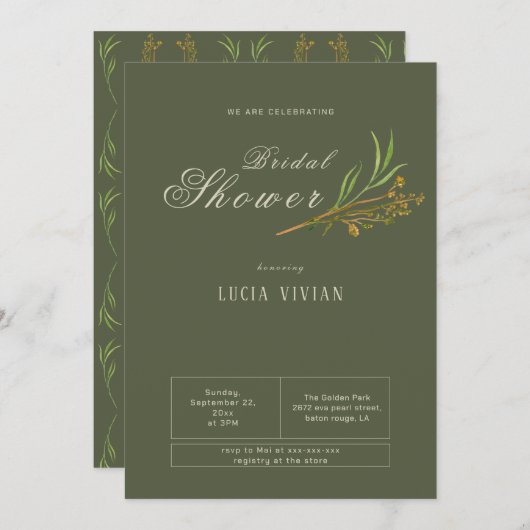 Elegantes Vintages dunkelgrünes rustikales Brautpa Einladung (Vorne/Hinten)