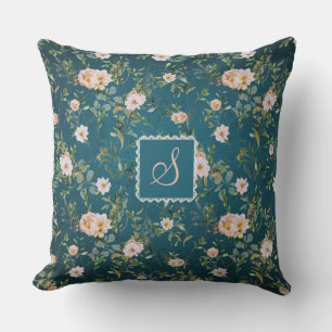 Elegantes Vintages dunkles Cyan Floral Monogram Mu Kissen