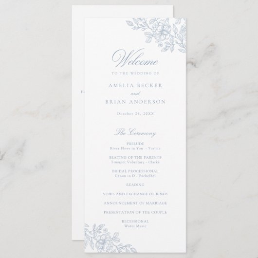 Elegantes Vintages Dusty Blue Wedding Programm (Vorne/Hinten)