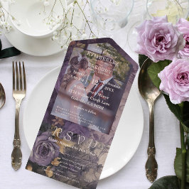 Elegantes Vintages, florales Dunkles Pflaumen Lila All In One Einladung