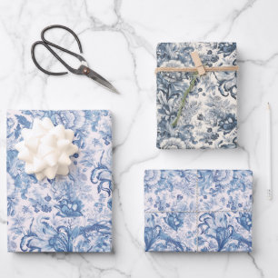 Elegantes Vintages französisches Blaues Toilmuster Geschenkpapier Set