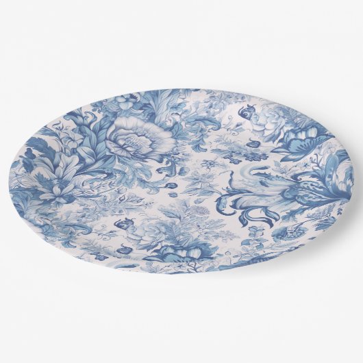 Elegantes Vintages französisches Blaues Toilmuster Pappteller (Schrägansicht)