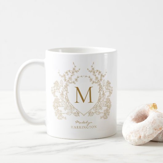 Elegantes Vintages Gold Floral Wappen Monogramm Kaffeetasse (Mit Donut)