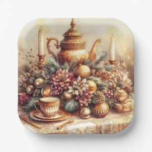Elegantes Vintages Gold Teapot Weihnachtspapier Pl Pappteller