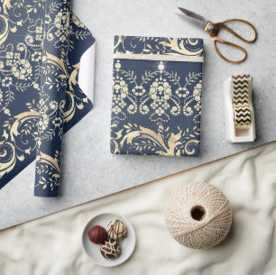 Elegantes Vintages goldblaues Damastmuster Geschenkpapier