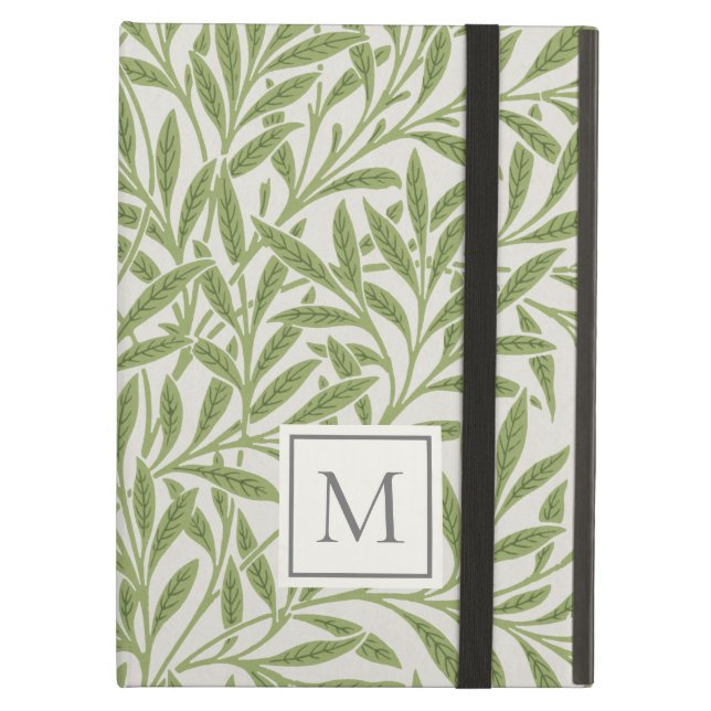 Elegantes Vintages Green Willow Blätter Monogram (Vorderseite Geschlossen)