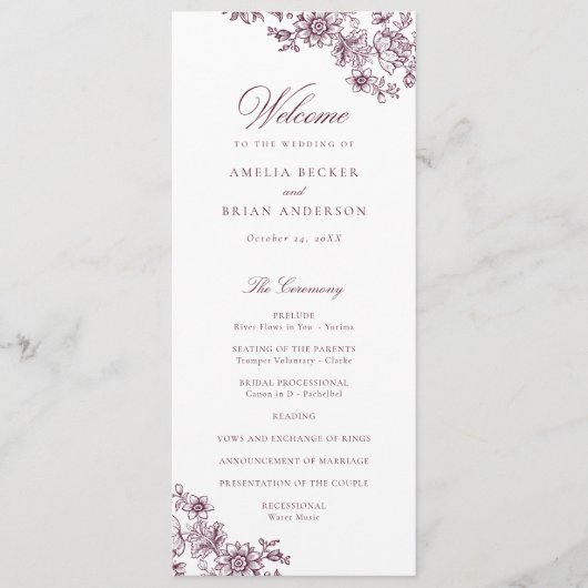 Elegantes Vintages Hochzeitsprogramm für Flora und Programm (Vorderseite)