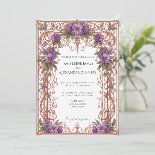 Elegantes Vintages Hochzeitsszenario im Jugendstil Einladung (Stehend Vorderseite)