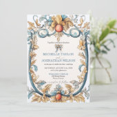 Elegantes Vintages Jugendstil Blau und Gold Einladung (Stehend Vorderseite)