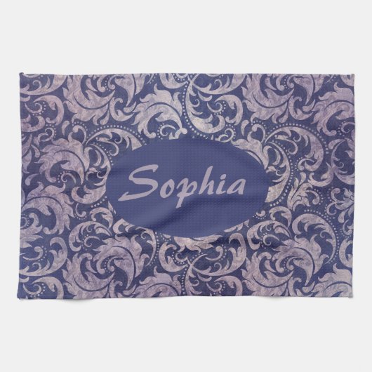 Elegantes, Vintages Lila Damask-Muster Geschirrtuch (Horizontal)