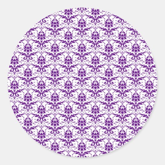 Elegantes, Vintages Lila und weißes Damaskusmuster Runder Aufkleber (Vorderseite)