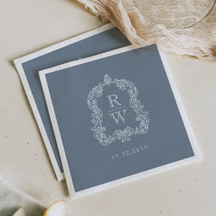 Elegantes Vintages Monogram Wappen Dusty Blue Wedd Serviette