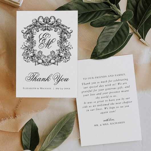 Elegantes Vintages Monogramm-Wappen Hochzeit Dankeskarte