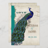 Elegantes Vintages Peacock Schwanz Feathers-Skript Einladung (Vorne/Hinten)