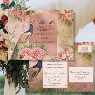 Elegantes Vintages Pfauenflorrosa Save the Date Ankündigungspostkarte