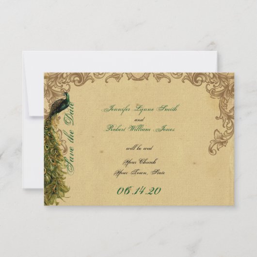 Elegantes Vintages Pfauenpfauen Hochzeit Sichern S Save The Date (Vorderseite)
