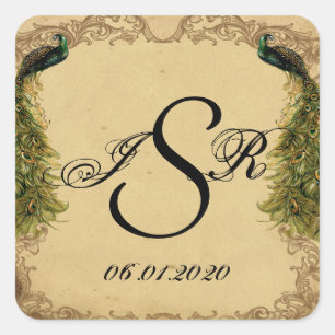 Elegantes Vintages Pfauenpfauenpfeifen-Hochzeitspr Quadratischer Aufkleber