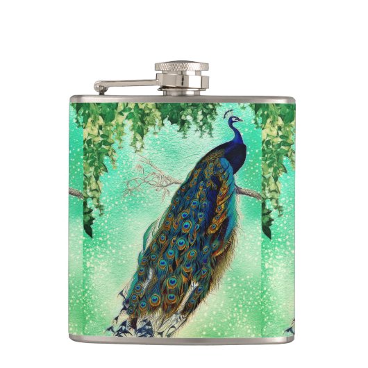Elegantes Vintages Pfauenwerk Flachmann (Vorderseite)
