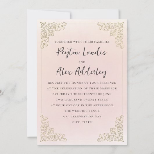 Elegantes Vintages Rosa Gold Einladung (Vorderseite)
