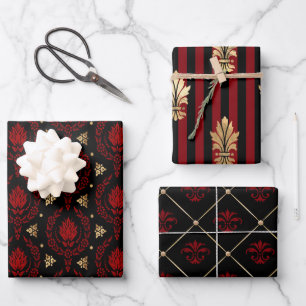 Elegantes Vintages Rot-, Schwarz- und Goldmuster Geschenkpapier Set