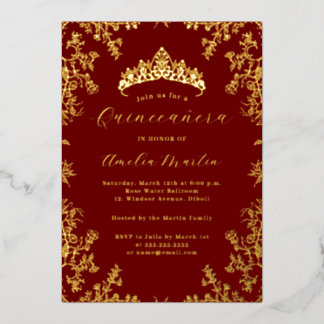 Elegantes Vintages Rotes Gold Quinceanera Folieneinladung