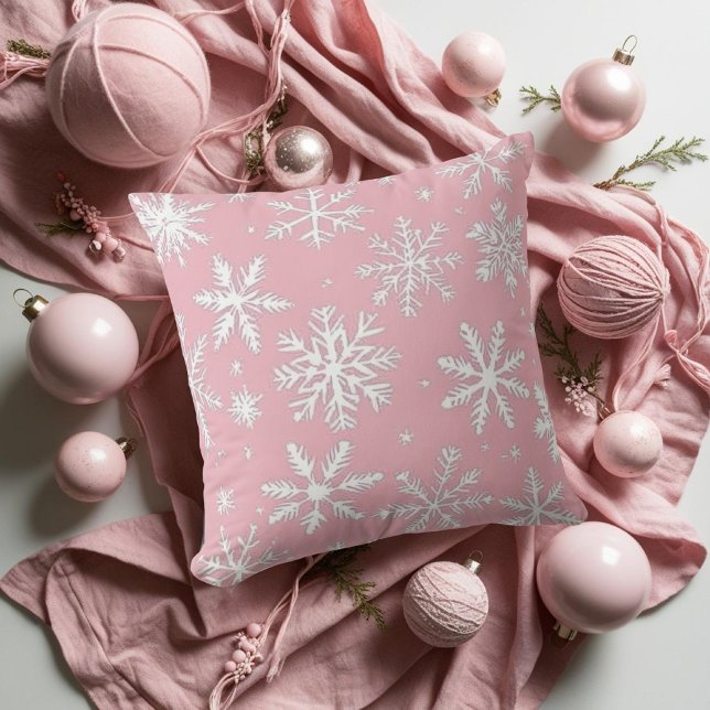 Elegantes Vintages Schneeflocken-Muster Feiertage Kissen (Elegant Vintage Pink Snowflakes pattern Holidays Throw Pillow)