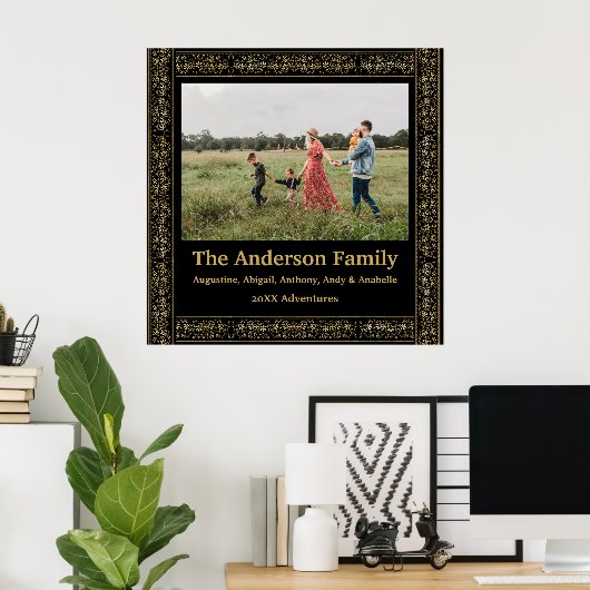 Elegantes Vintages Schwarz-Gold-Blumenrahmen-Foto Poster (Heimbüro)