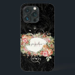 Elegantes Vintages Schwarz-Script-Monogramm mit fl Case-Mate iPhone Hülle<br><div class="desc">"Eleganter Vintager floraler Pink Black Script Monogram iPhone 13 Case."   Eleganter Vintager Blumenstrauß umrahmt Ihren Namen und das Monogramm über einen schwarzen Ton-on-Ton-Damaskus-Muster-Hintergrund.  Hergestellt von Audrey Jeanne Roberts,  international lizenzierter Künstlerin,  Copyright.</div>