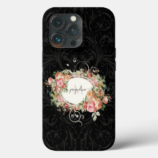 Elegantes Vintages Schwarz-Script-Monogramm mit fl iPhone 13 Pro Hülle