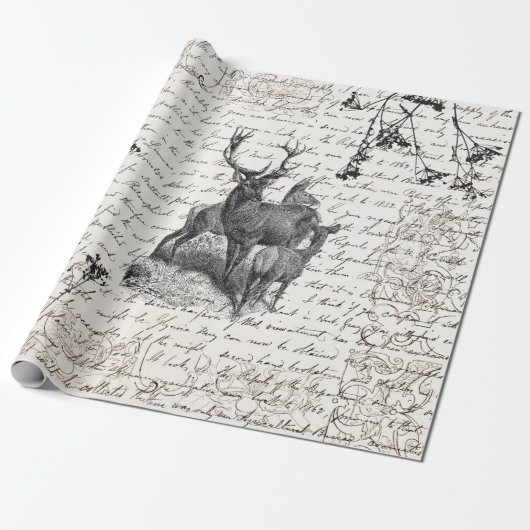 Elegantes, Vintages Schwarz-weißes Hirsch-Wildblum Geschenkpapier (Ungerollt)