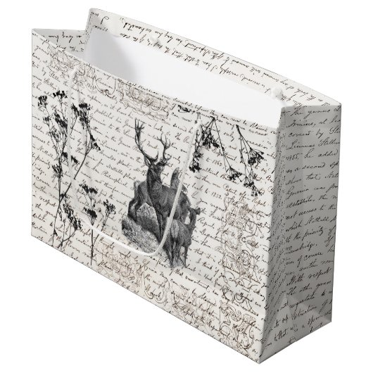 Elegantes, Vintages Schwarz-weißes Hirsch-Wildblum Große Geschenktüte (Vorderseite Schrägansicht)