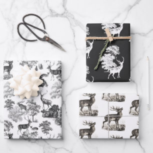 Elegantes Vintages Schwarz-weißes Toile Deer in W Geschenkpapier Set